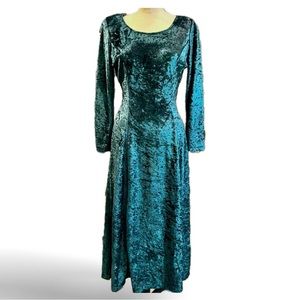 Vintage crushed‎ velvet forest green maxi dress scoop neck long sleeve 80s